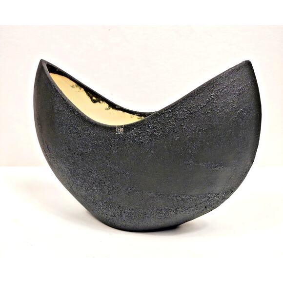 Vintage Abstract Crescent Shape Vase MCM Pottery Hand Painted Textured - Picture 2 of 7